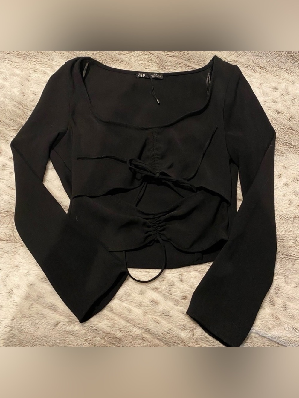 ZARA Long Sleeve Top w/ Front Cutout & Tie Details, Black - M